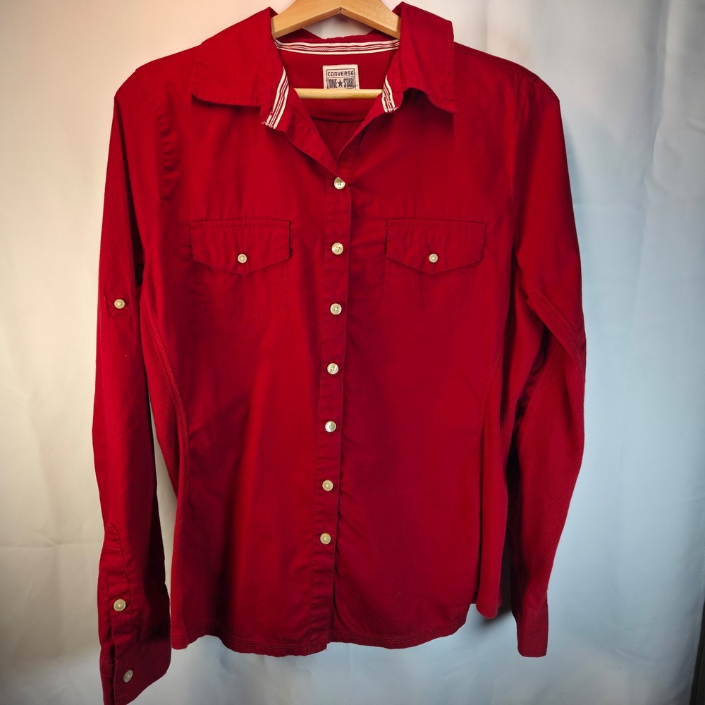 Converse One Star Shirt Womens Red Pockets Roll Tab Sleeve Button Up Large Sport